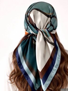 Silk-Feel Teal & Ivory Geometric Headscarf